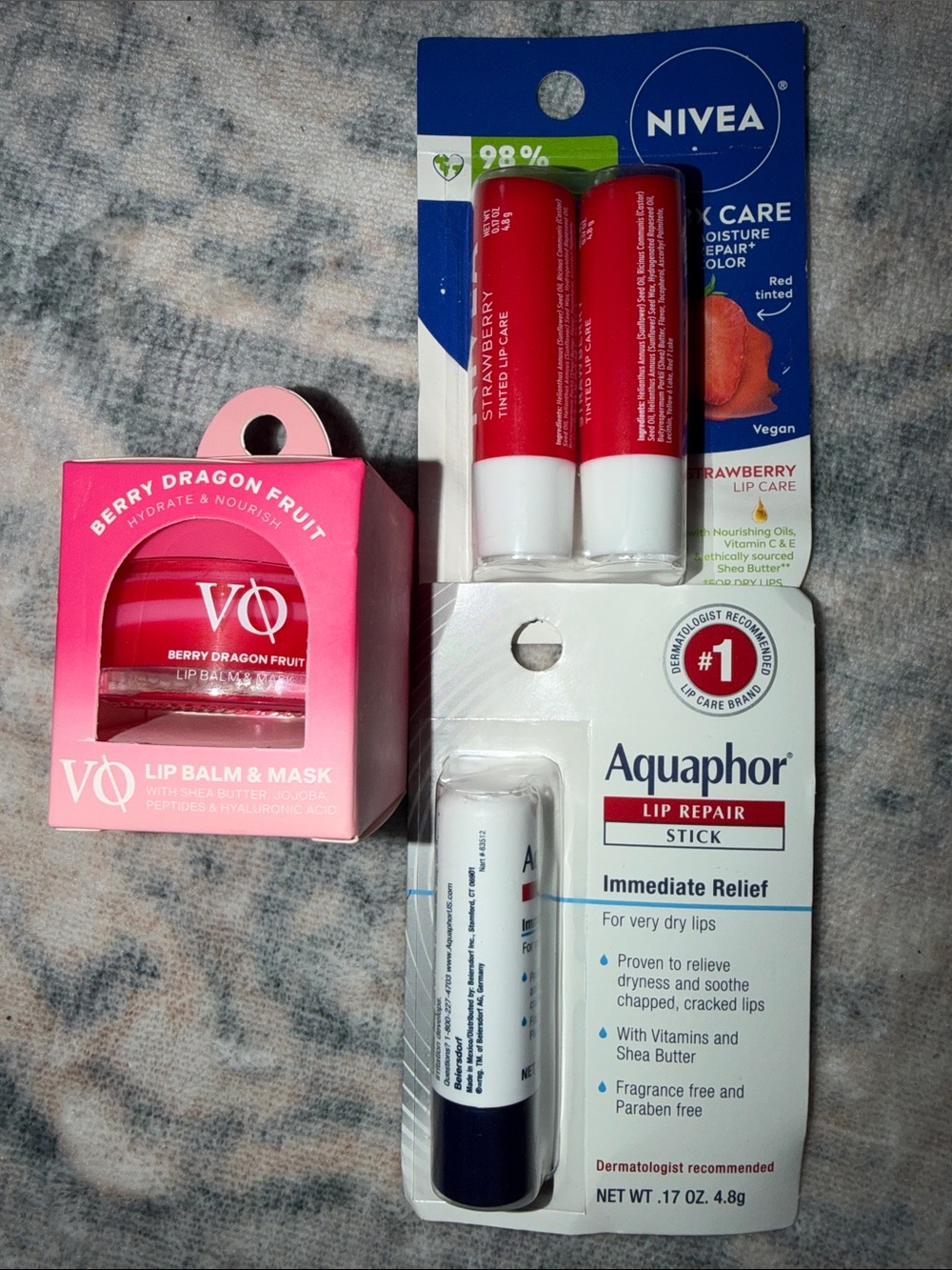 VQ, Aquaphor, & Nivea Lip Repair Bundle RV:$18!